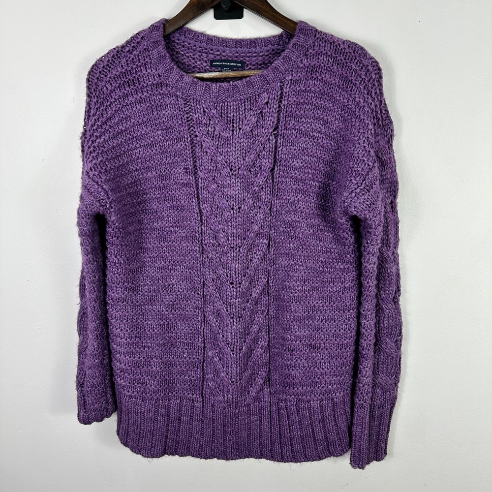 American Eagle Sweater Womens M Purple Cable Knit Wool Blend Chunky Pullover